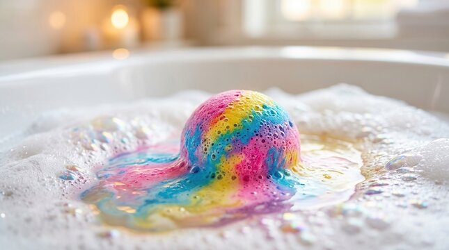 Relaxing bubble bath background with a colorful and effervescent bath bomb
