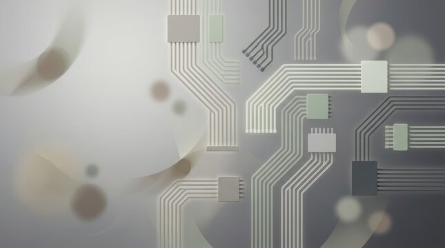 Abstract electronic circuitry design with parallel conductive traces and square microchip nodes on a grey background