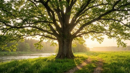 Fototapeta premium Vibrant tree with dense green leaves and sprawling branches set within a scenic natural environment