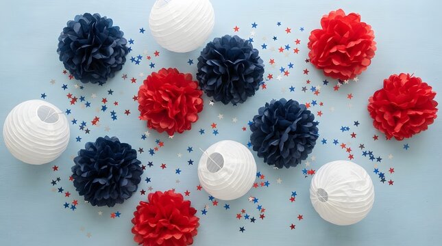 Colorful yarn pom poms arranged on a light blue speckled surface craft supplies