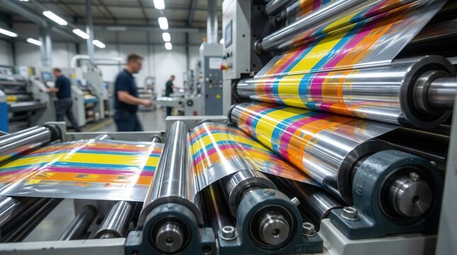 Highspeed flexographic printing presses in a factory setting applying vivid spot colors to shiny packaging foil with precise registration.