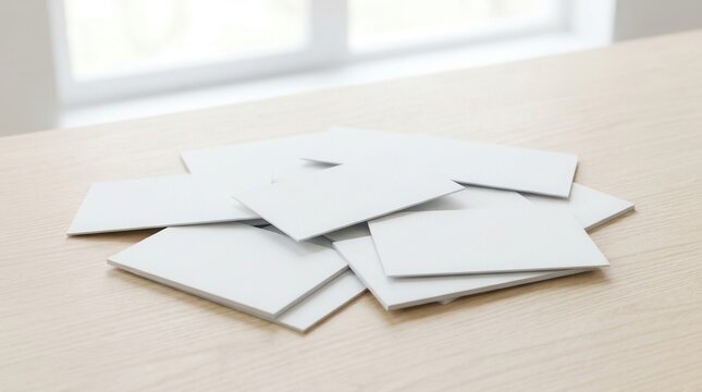 Light wooden table with a pile of scattered blank white rectangular paper cards near a bright window for a stationery mockup presentation template.