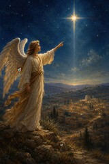 Obraz premium Angel pointing to the bright Star of Bethlehem above ancient city in a sacred Christmas night scene