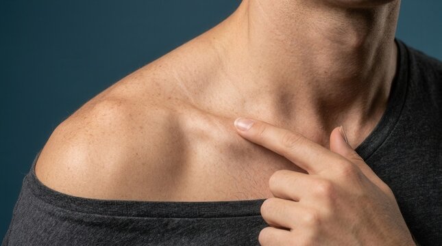 Hand touching the collarbone of a male torso with detailed freckles and skin texture