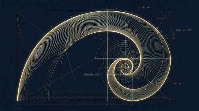 Fine lines forming a golden ratio spiral and geometric shapes against a dark navy background in digital art.