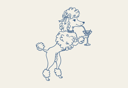 Vintage style illustration of a fancy poodle dog drinking a martini from a glass with a straw