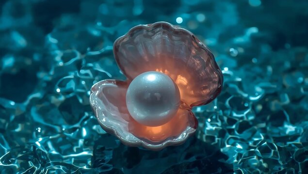 Glowing white pearl resting inside an open seashell against a textured blue water background