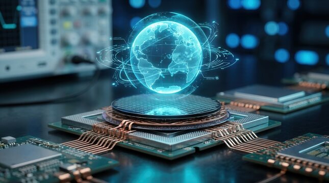 Semiconductor supply realignment concept showing a glowing globe with circuit traces above stacked silicon wafers and copper interconnects.