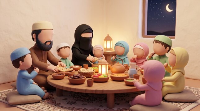 Cute 3D Cartoon Muslim Family Having Iftar Dinner, Faceless Clay Style Illustration