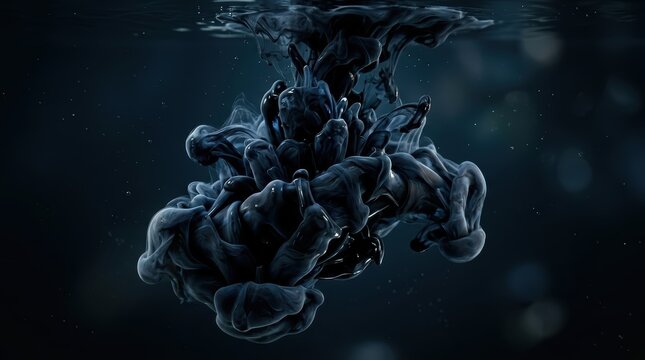 Cinematic black ink cloud billows in dark water creating a mysterious and elegant abstract fluid texture
