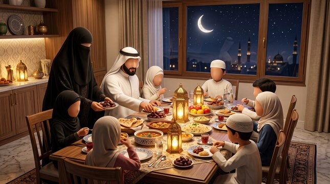 Muslim Family Having Iftar Dinner Together to Break Fast, Faceless 3D Character Illustration