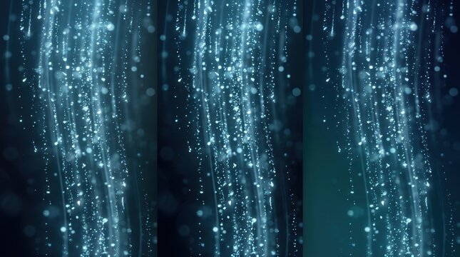 Cascading glowing blue particles and ethereal light trails shimmer against a in a vertical sequence