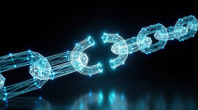 Digital nodes in a dark setting with a broken link creating a gap to symbolize supply chain disruption.
