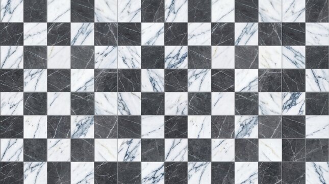 Black and white marble stone tiles arranged in a classic checkerboard pattern for modern interior flooring