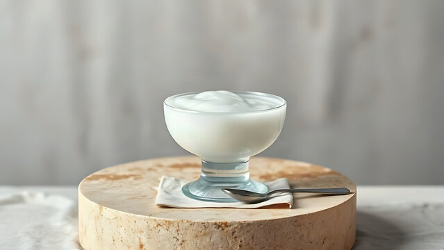 Glass bowl of psyllium gel on travertine pedestal with steel spoon and linen napkin, wellness and self-care theme