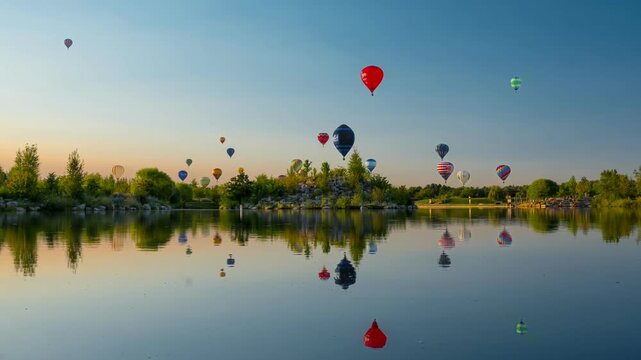 View of colorful hot air balloons floating above a calm lake reflecting the sky and surrounding trees in Idaho, United States.