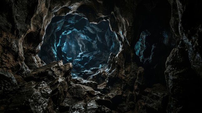 Dark underground cavern shows wet jagged rock textures and deep tunnels illuminated by a mysterious cool blue light