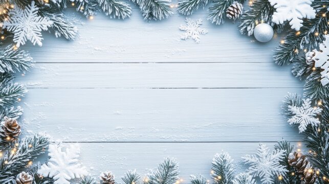 Christmas Holiday Frame with Snowy Pine Branches and Ornaments on White Wood