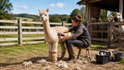 Fototapeta premium Female Farmer Shearing Alpaca on Rural Farm – Alpaca Fiber, Livestock Care and Sustainable Agriculture