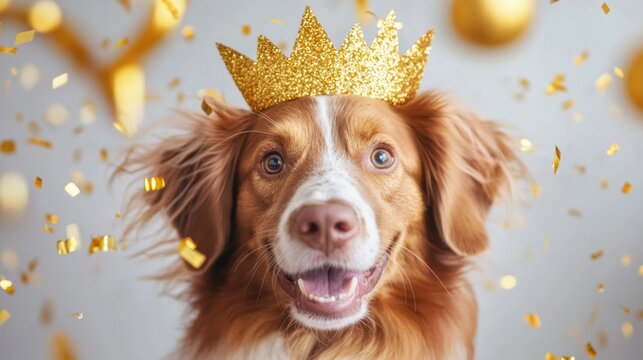 Happy Dog Wearing Golden Crown Celebrating with Confetti