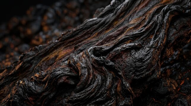Dark volcanic rock with intricate ropey textures and glowing orange highlights from cooling magma