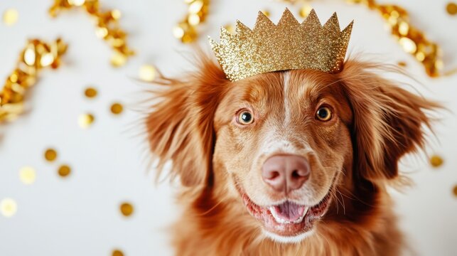 Cute Golden Retriever Dog Wearing Glittering Crown for Birthday Celebration