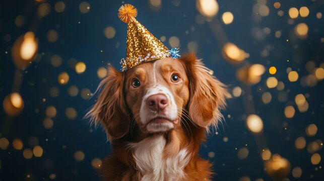 Cute Dog Wearing A Glittery Party Hat With Golden Bokeh Background