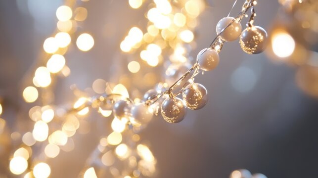 Elegant Pearl Garland with Golden Bokeh Christmas Lights
