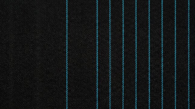 Black wool blend fabric with thin cyan vertical pinstripe pattern on a detailed textured background