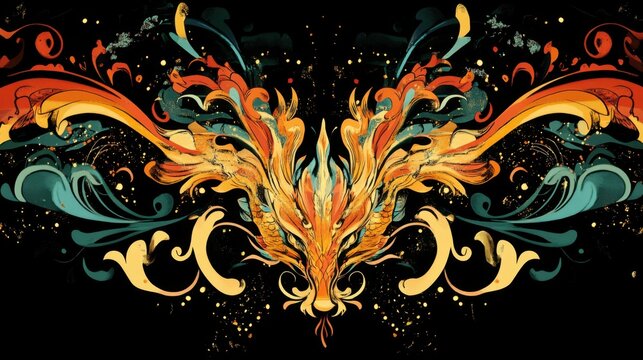 Abstract Phoenix Bird Fire Illustration with Decorative Flourishes