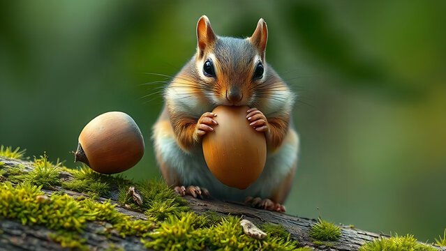 Chipmunk with full cheeks trying to push an acorn into its mouth.
