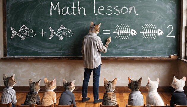 Tabby cat teacher writing a math lesson on a chalkboard for a class of kittens