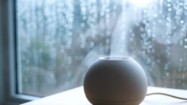 Modern electric diffuser emitting mist near a rainy window