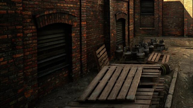 Wooden platforms rest against old brick buildings in a narrow alley. Some windows are covered, and old pots sit nearby. The setting feels industrial and rustic in nature.
