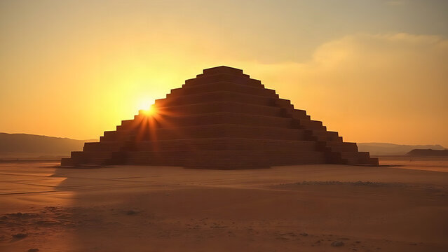 A massive mud-brick stepped pyramid at sunset, sharp silhouette.