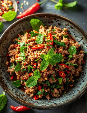 Authentic Thai Larb Salad With Fresh Mint Leaves