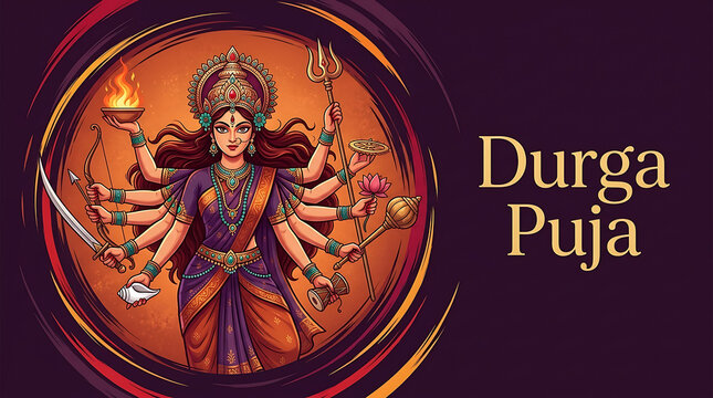 Majestic multiarmed goddess holding weapons inside circular frame with copy space for durga puja and navratri spiritual festival illustration background design artwork