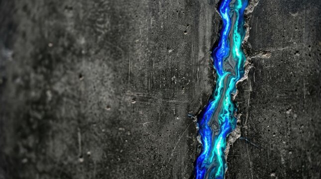 Electric blue liquid resin flows through a rugged vertical fissure in dark weathered concrete with dramatic lighting