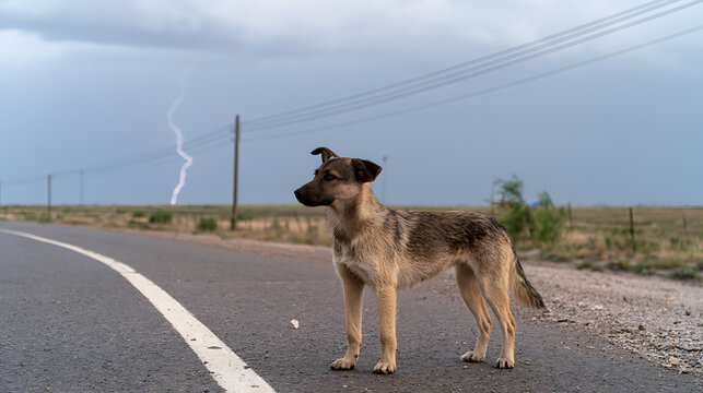 A stray dog, Canis lupus familiaris, stand alone on a rural road during a dramatic thunderstorm with a distant lightning bolt strike