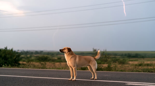 A solitary dog, Canis lupus familiaris, stands alert on an asphalt road during a dramatic thunderstorm with lightning streak in background