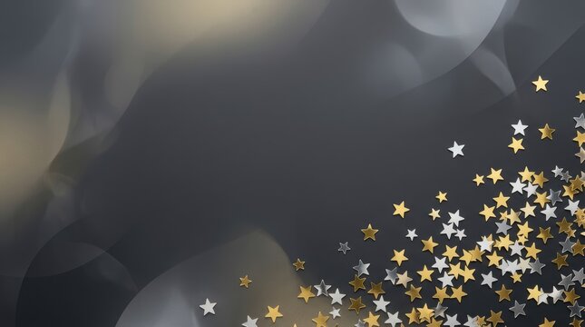 Elegant gold and silver stars scattered across a dark textured background with soft bokeh light and ample copy space
