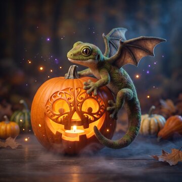 Small fantasy dragon perched on a glowing halloween pumpkin
