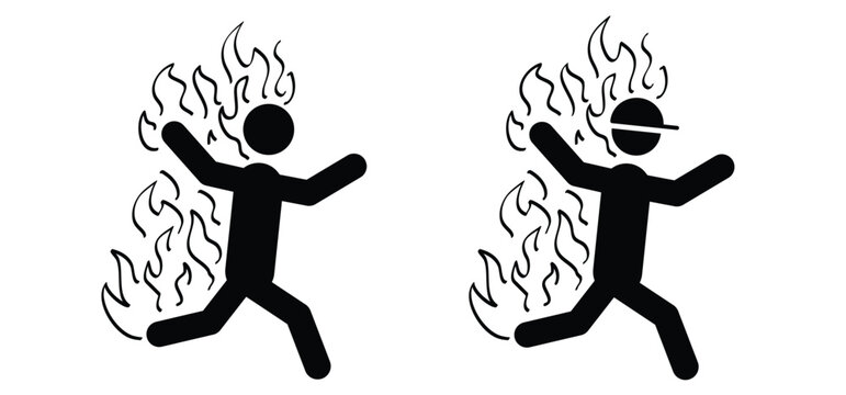 Burning man. Stick figure man walks with body on fire. Warning for extreme heat or fire hazard. Running human man with head, arms and legs in flames. Alarm for life threatening heat, ignition.