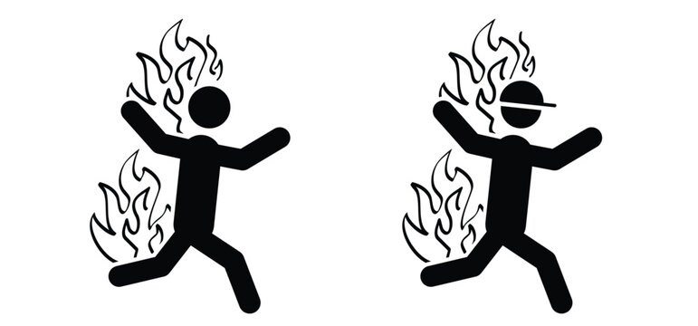 Burning man. Stick figure man walks with body on fire. Warning for extreme heat or fire hazard. Running human man with head, arms and legs in flames. Alarm for life threatening heat, ignition.