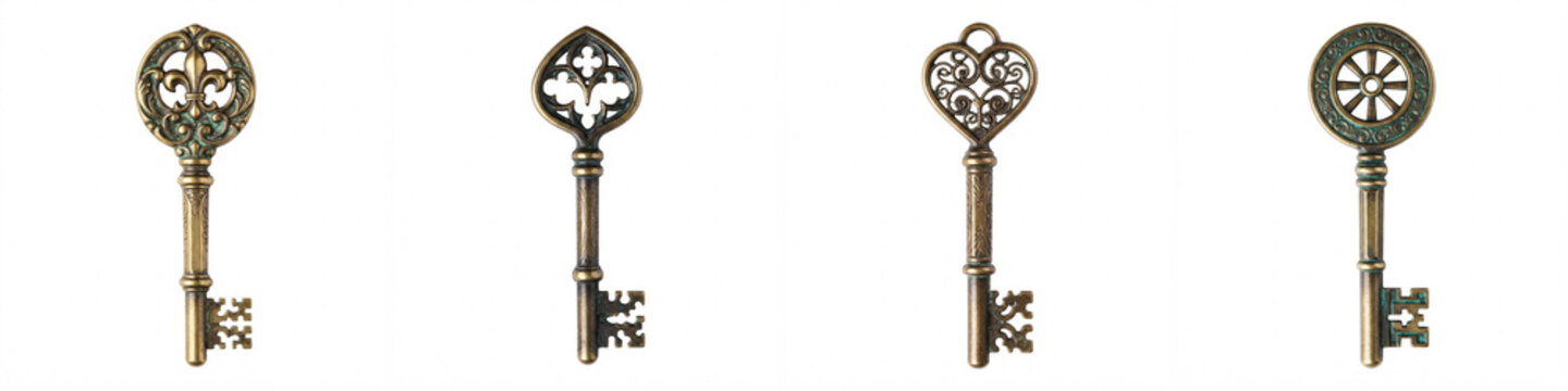 Vintage keys with decorative ornate bows crafted from aged bronze metal, isolated on a white background for antique design, mystery quest concept, or fantasy graphic projects