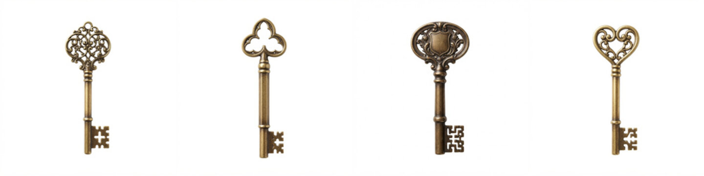 Skeleton keys set in antique brass with ornate filigree and heart shapes isolated on white background, perfect for security, real estate, mystery, and decorative historical design
