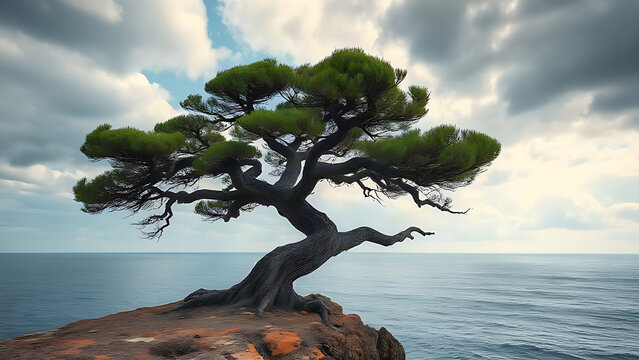A windswept, twisted tree on a coastal cliff under a dramatic sky.