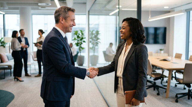 Diverse business professionals shaking hands in modern office meeting room