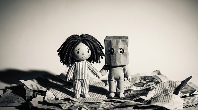 A black and white photograph featuring a sad-faced doll with yarn hair holding hands with a figure wearing a paper bag mask, standing among shredded paper.