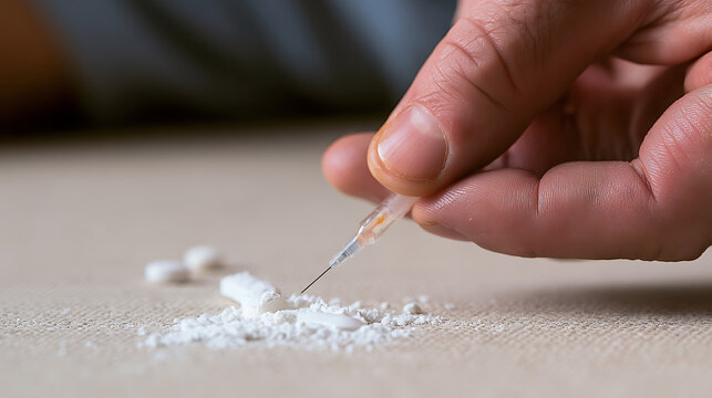 Close-up view of a person hand holding a medical syringe over illicit white drug powder and pills on a table surface for addiction concept